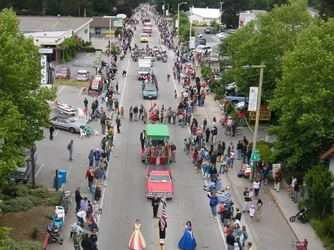 An aerial view of a parade moving down a street lined with spectators.