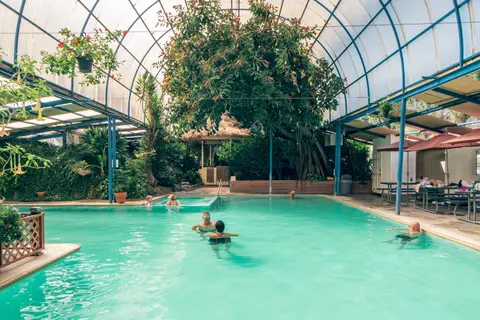 People swimming in an indoor swimming pool beneath a large arched glass roof.