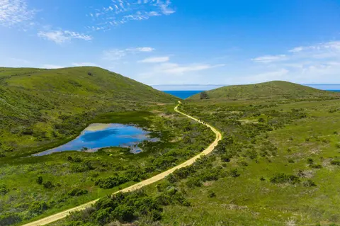 A winding dirt path runs through green rolling hills past a small pond toward the ocean.