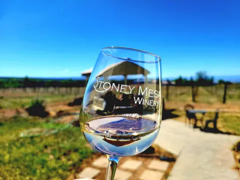 A wine glass with the winery name printed on it is held up outdoors against a bright blue sky and landscape.