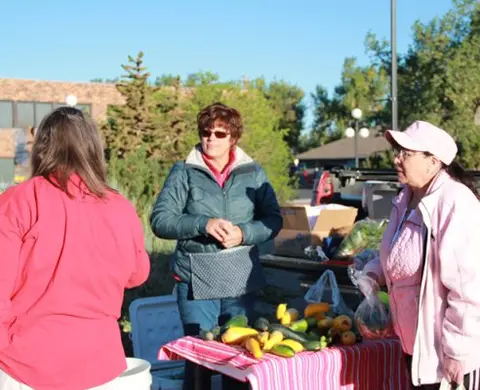 Three people stand near a table with produce outdoors.