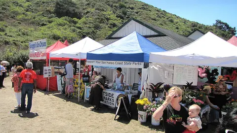 A row of vendor tents set up outdoors near a grassy hill.