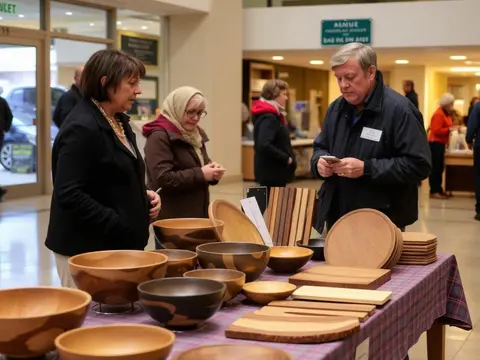 People browsing wooden bowls and boards at an indoor craft market.