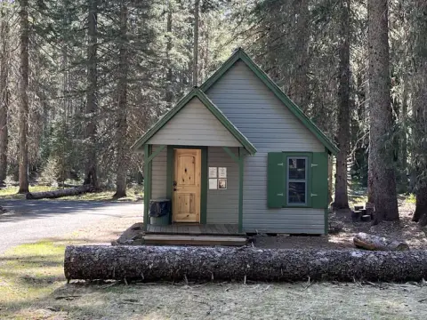 A small cabin stands surrounded by a forest.