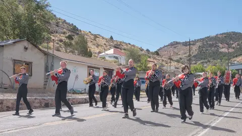 A marching band plays instruments while walking down a street.