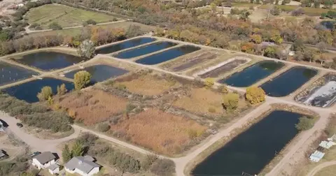 An aerial view shows a series of rectangular ponds and surrounding vegetation.