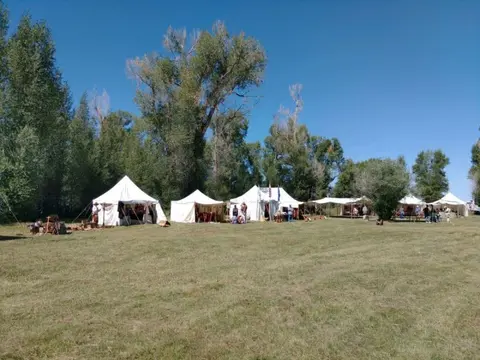 White tents are set up in a grassy field with trees in the background.