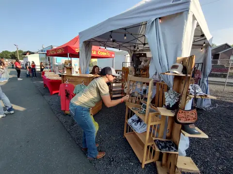 A person looks at items at an outdoor market stall.