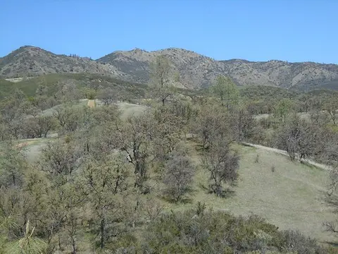 A scenic landscape showing rolling hills and sparse trees under a clear blue sky.