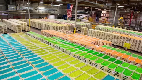 An interior view of a warehouse filled with stacks of colorful items in trays.