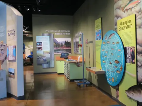 An interior museum exhibit displays information about fish habitats and ecosystems.