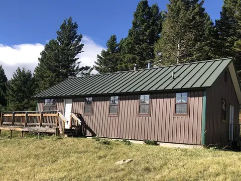 A brown cabin with a green metal roof surrounded by trees.