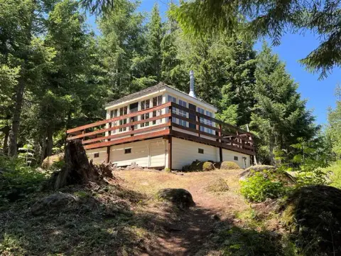 A small cabin surrounded by trees and a dirt path leading up to it.
