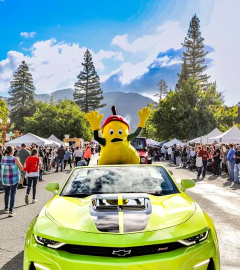 A mascot rides in a green convertible at an outdoor festival.