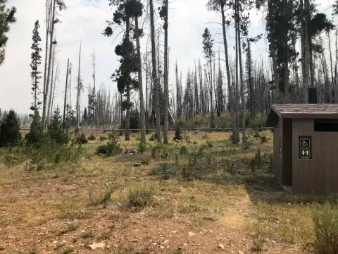 A restroom building stands near a forest with many tall trees.