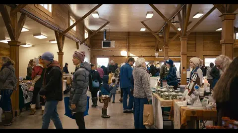 People shop at an indoor market with wooden walls and exposed beams.