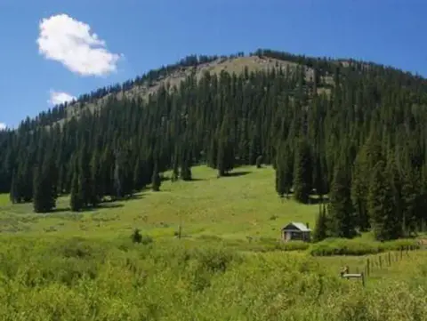 A small cabin sits in a green mountain meadow below a forested hill.