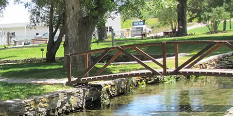 A small wooden footbridge over a stream in a park.