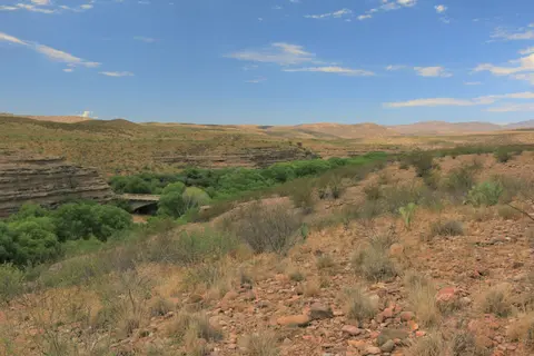 A dry, rocky landscape with sparse vegetation and a line of green trees running through a canyon under a blue sky.