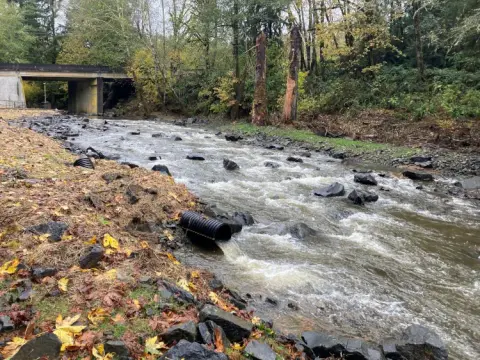 A fast-flowing stream with a bridge in the background and a pipe draining into it.