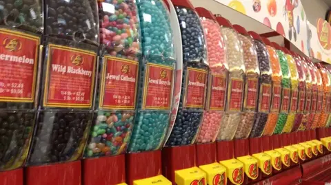 A row of candy dispensers filled with assorted jelly beans.