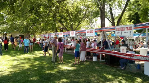 People gathering at food and beverage booths decorated with patriotic banners under trees in a park.