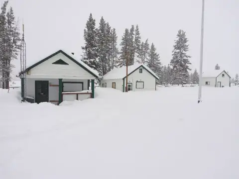 A snowy landscape showing white buildings surrounded by pine trees during winter.