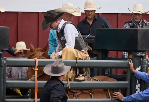 Cowboys prepare a horse in a holding pen.