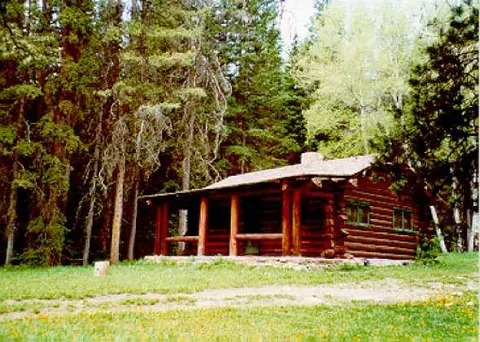 A log cabin surrounded by trees and greenery.