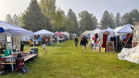 People walking through an outdoor market set up in a grassy field.