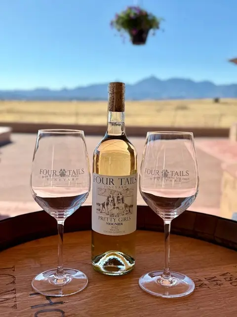 A bottle of wine and two wine glasses stand on a wooden barrel outdoors with mountains in the background.