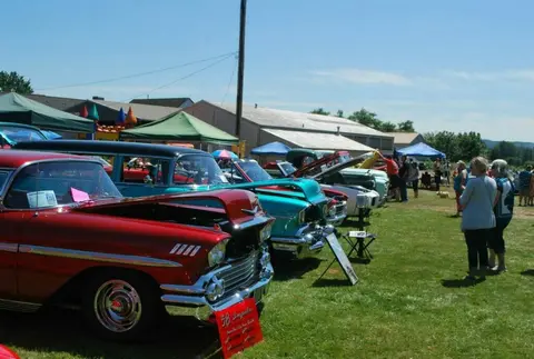 Classic cars are displayed on the grass at an outdoor event.
