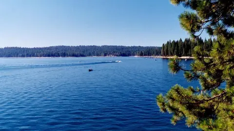 A scenic view of a large blue lake bordered by pine trees on the shore.