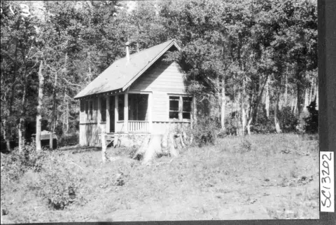Black and white historic photo showing a small cabin surrounded by trees.