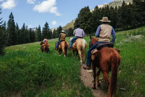 A group of people ride horses along a trail through a grassy mountain valley.