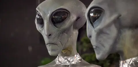A close-up photograph of grey alien mannequins.