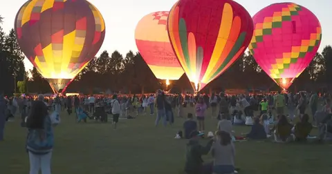 A crowd of people gathers outdoors near multiple hot air balloons.