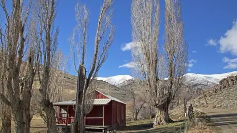 A small red building stands among tall bare trees with snow-capped mountains in the background.