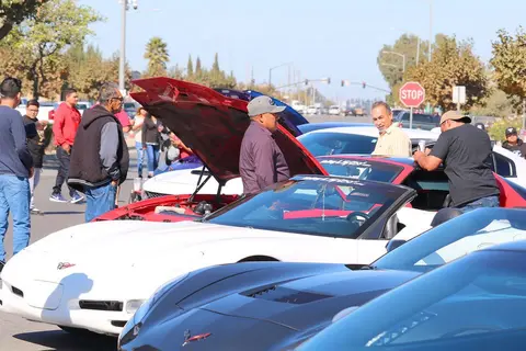 People gather around modified cars at an outdoor car show.