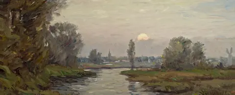 A landscape painting depicts a river running through fields with trees and a distant village under a cloudy sky.