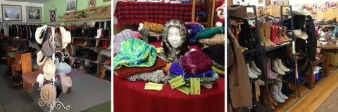 Three photos showing the interior of a store with hats, boots, and knitted items.