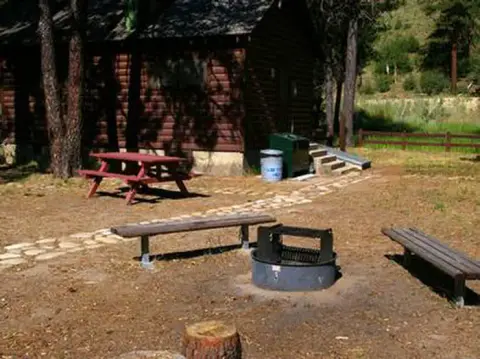 A rustic wooden cabin with a picnic table and fire ring outside.