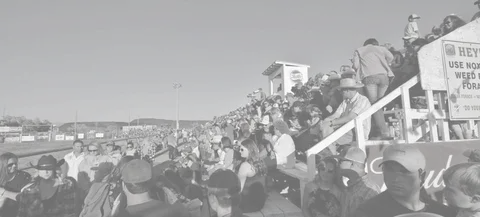 A black and white photograph of a large crowd gathered in and around grandstands at an outdoor event.