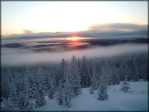 A sunset or sunrise over a snow-covered forest and low-lying clouds.