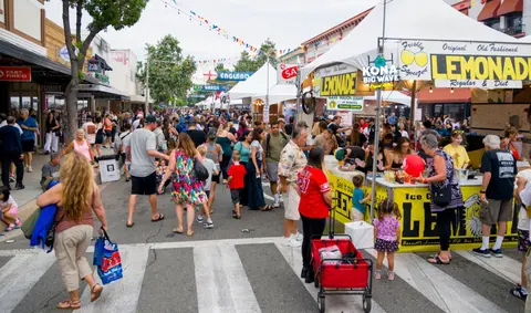 A crowded street fair with food booths and people walking along the road.