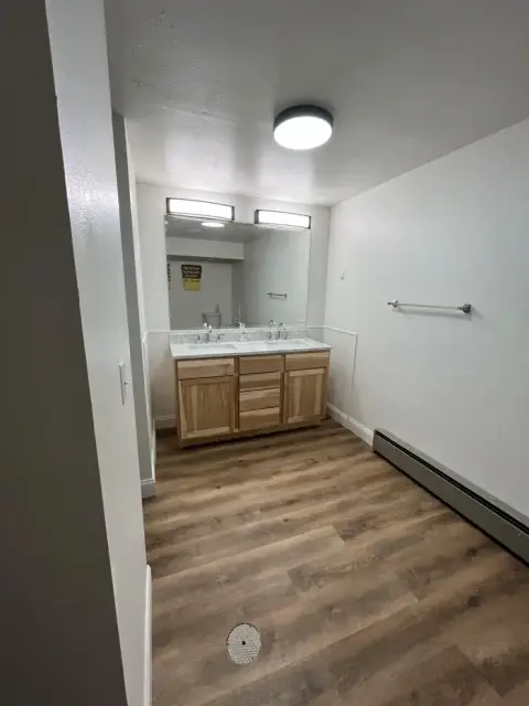 A bathroom interior featuring a double vanity with wooden cabinets and a large mirror.