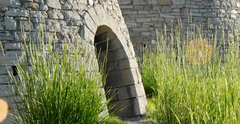 An exterior view of stone structures surrounded by tall green grass.
