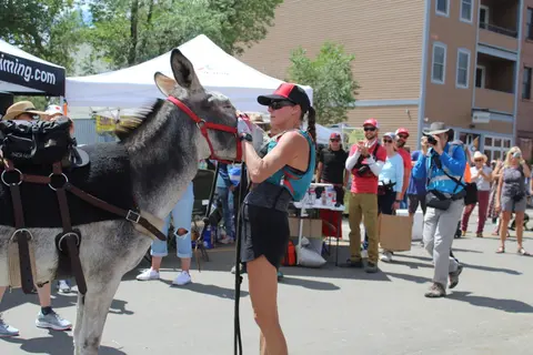 A woman stands with a saddled donkey on a street while onlookers watch.