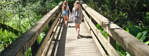 Two children walk along a wooden boardwalk in a forested area.