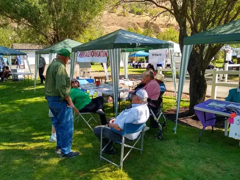 People gather under tents on a grassy lawn during an outdoor event.